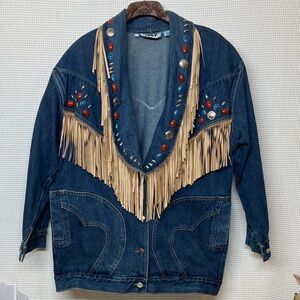 Sky Denim Jacket with Fringe and Embellishments